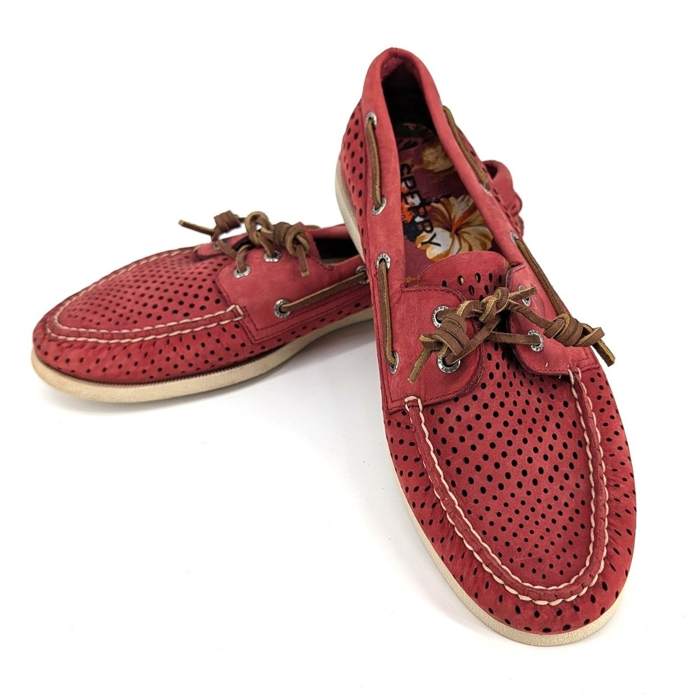 Sperry Top-Sider Boat Shoes Red Perforated Leather Nautical Preppy Loafers
